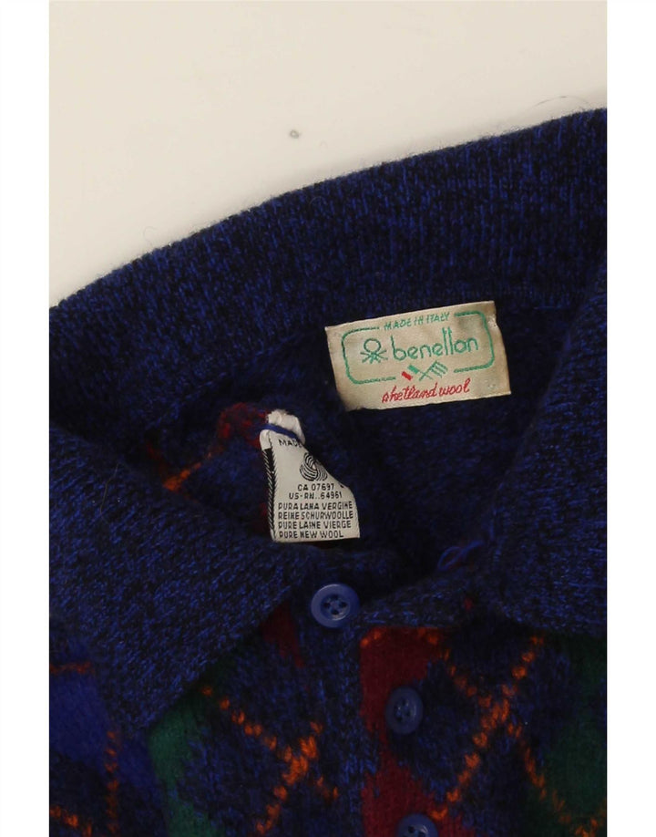 Benetton Jersey De Cuello Polo Para Hombre IT 48 Small Blue Argyle/Diamond Wool