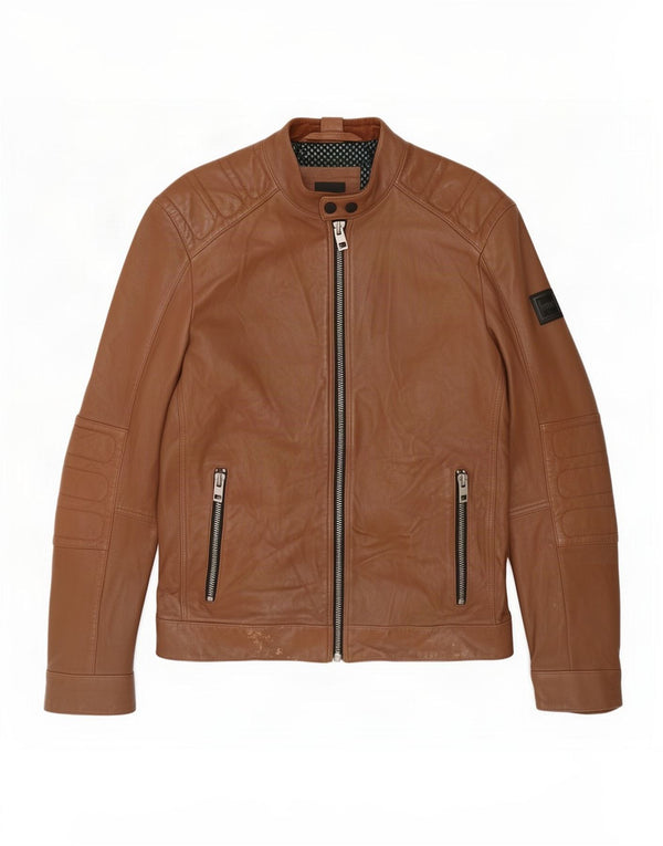 Hugo Boss Chaqueta motera de cuero para hombre UK 36 Small Brown