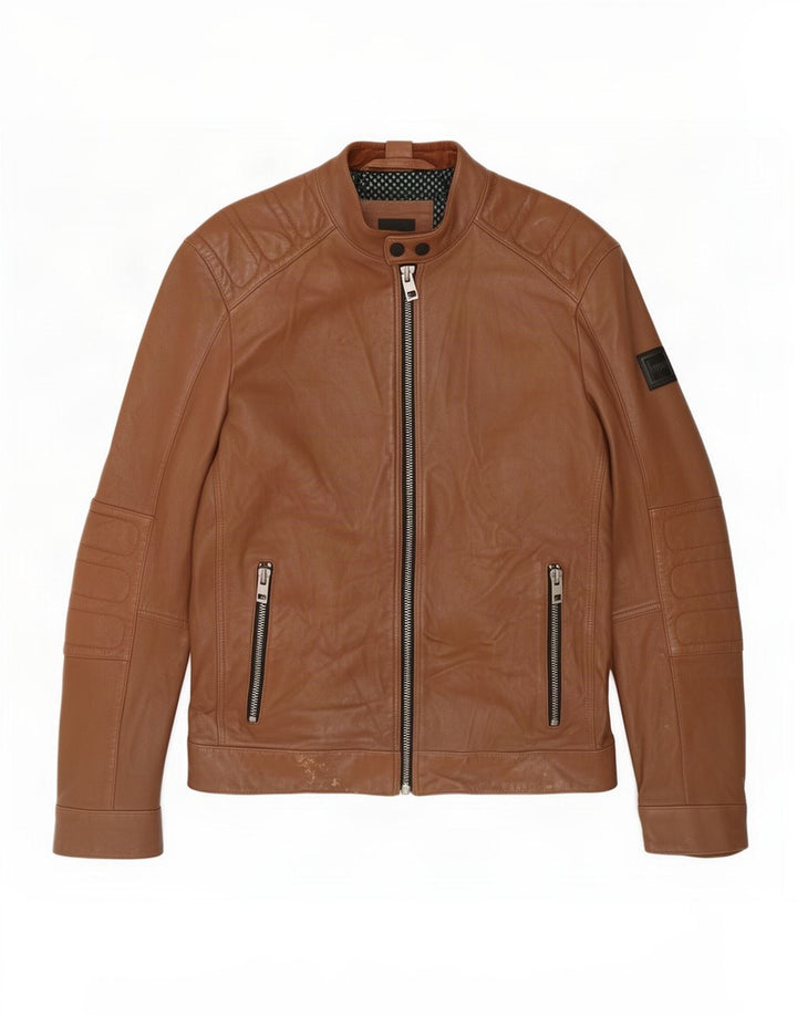 Hugo Boss Chaqueta motera de cuero para hombre UK 36 Small Brown
