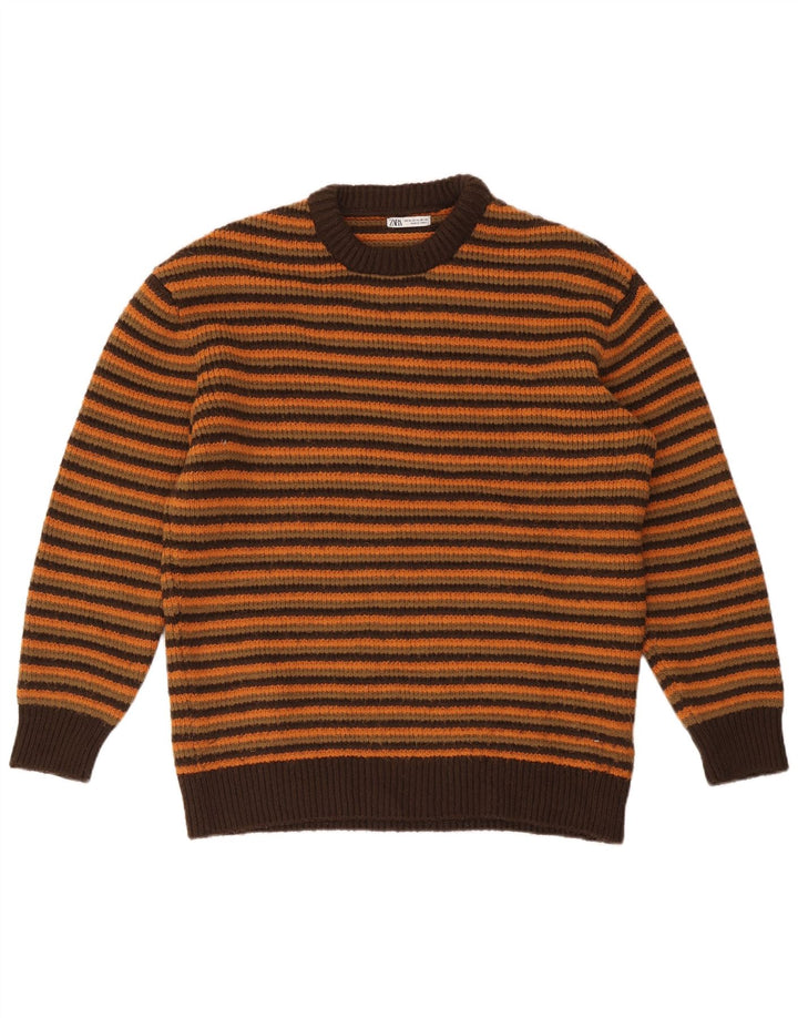 Zara Hombre Jersey Cuello Redondo Jersey XL Marrón Rayas