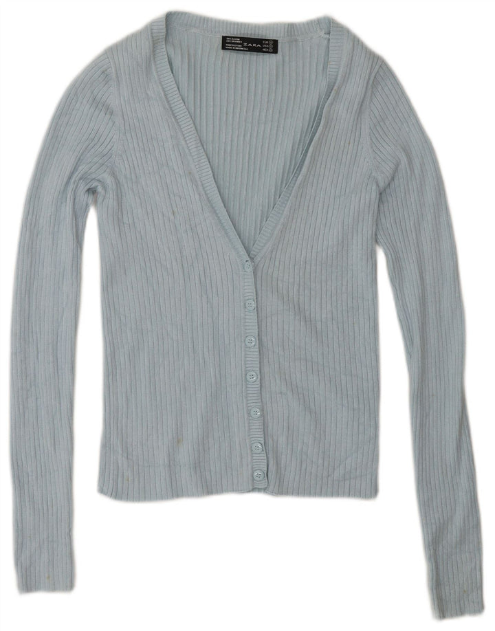Zara Mujer Cárdigan Suéter UK 12 Rayón Azul Medio