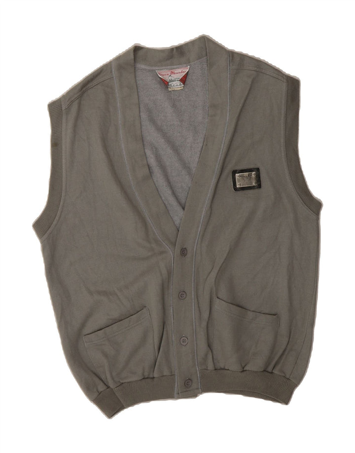 VINTAGE Mens Sleeveless Cardigan Sweater Large Grey Cotton Vintage Vintage and Second-Hand Vintage from Messina Hembry 