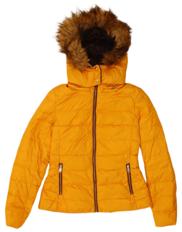 Zara Mujer Chaqueta Acolchada Con Capucha UK 10 Small Poliéster Amarillo