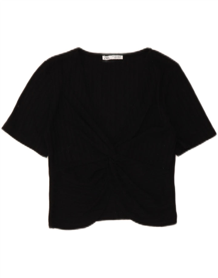 Zara Mujer Crop Top UK 8 Pequeño Poliéster Negro