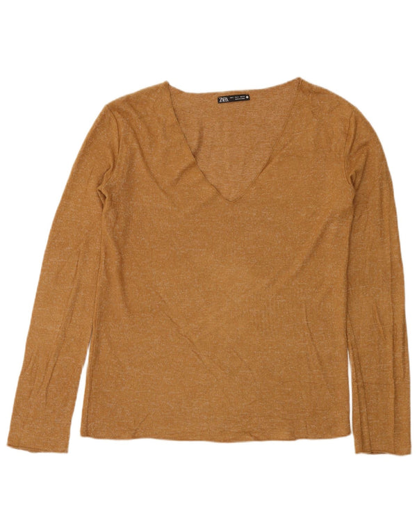 Zara Mujer Top Manga Larga UK 10 Small Beige Moteado