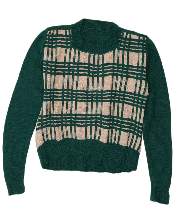 VINTAGE suéter de cuello redondo para mujer Reino Unido 14 cheque verde medio
