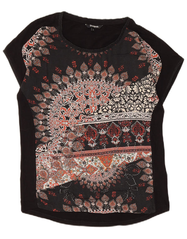 Desigual Mujer Camiseta Gráfica Top UK 10 Small Negro Floral Viscosa