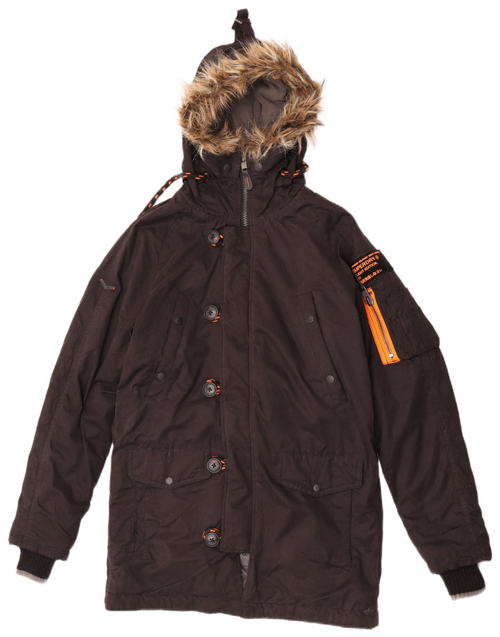 Superdry Parka con capucha para hombre, talla 36, poliéster marrón pequeño