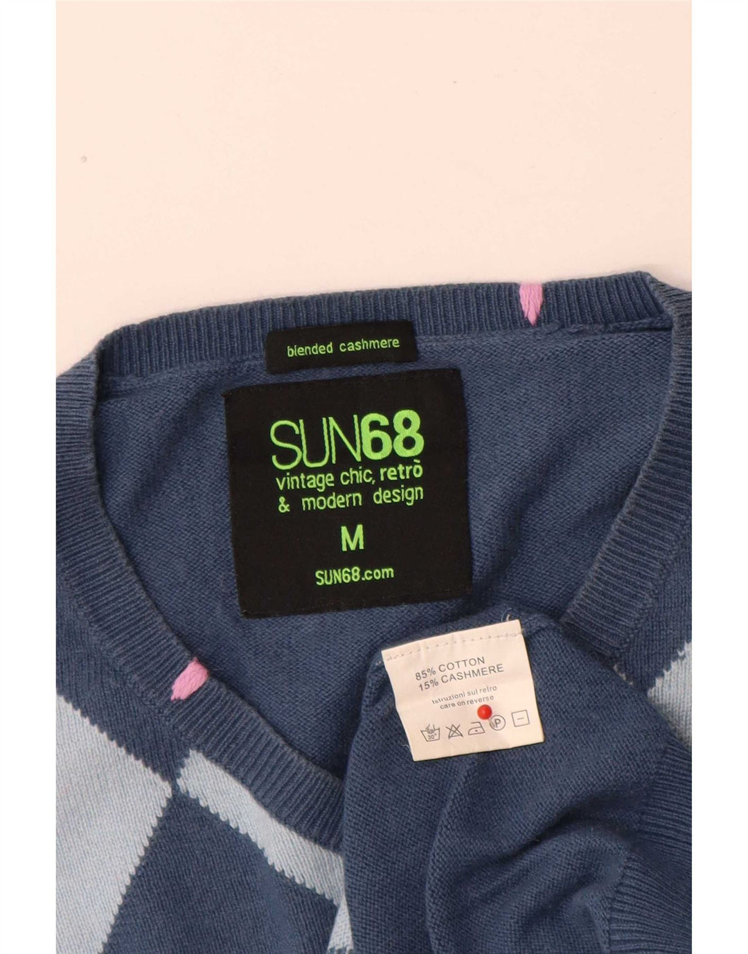 Sun68 - Jersey con cuello en V para hombre, color azul medio, algodón Argyle/Diamond