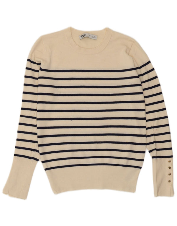 Zara Mujer Jersey De Cuello Redondo Jersey UK 10 Small Off White Viscosa A Rayas
