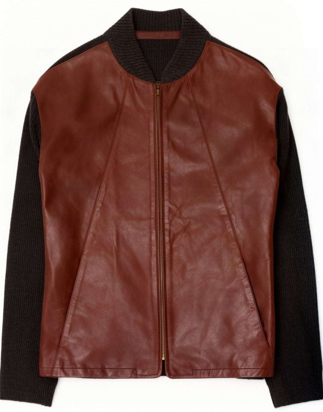 Chaqueta bomber vintage para hombre IT 50 Cuero color block marrón grande