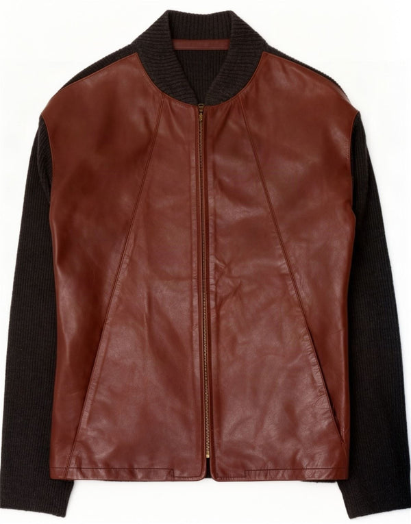 Chaqueta bomber vintage para hombre IT 50 Cuero color block marrón grande