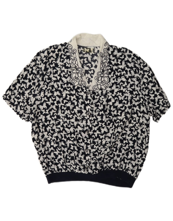 Vintage mujer blusa top Reino Unido 16 gran mariposa color negro