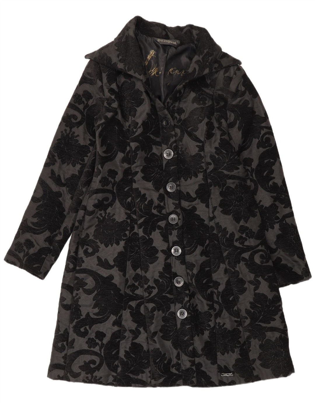 Desigual Mujer Regular Fit Abrigo EU 42 Grande Negro Floral Moderno