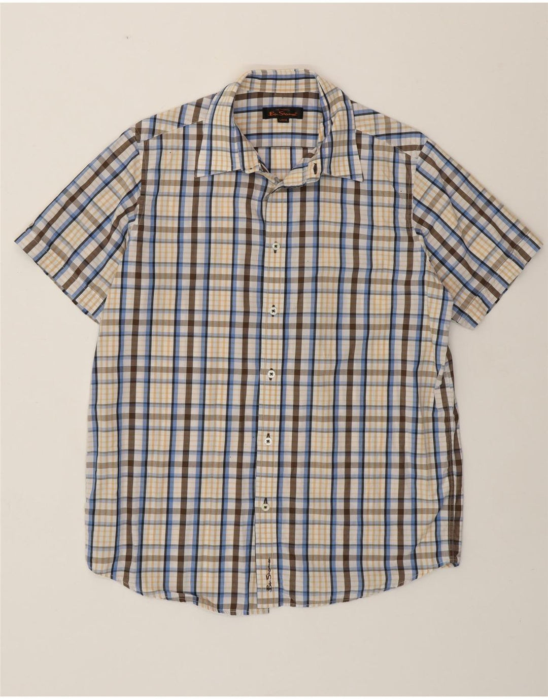 BEN SHERMAN Camisa de manga corta para hombre de algodón a cuadros multicolores grandes