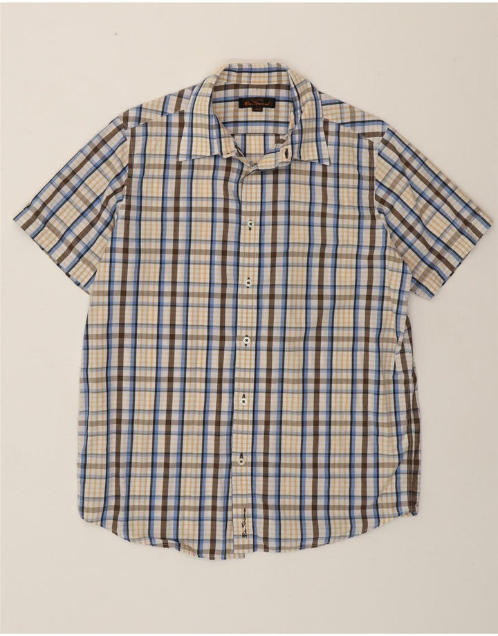 BEN SHERMAN Camisa de manga corta para hombre de algodón a cuadros multicolores grandes