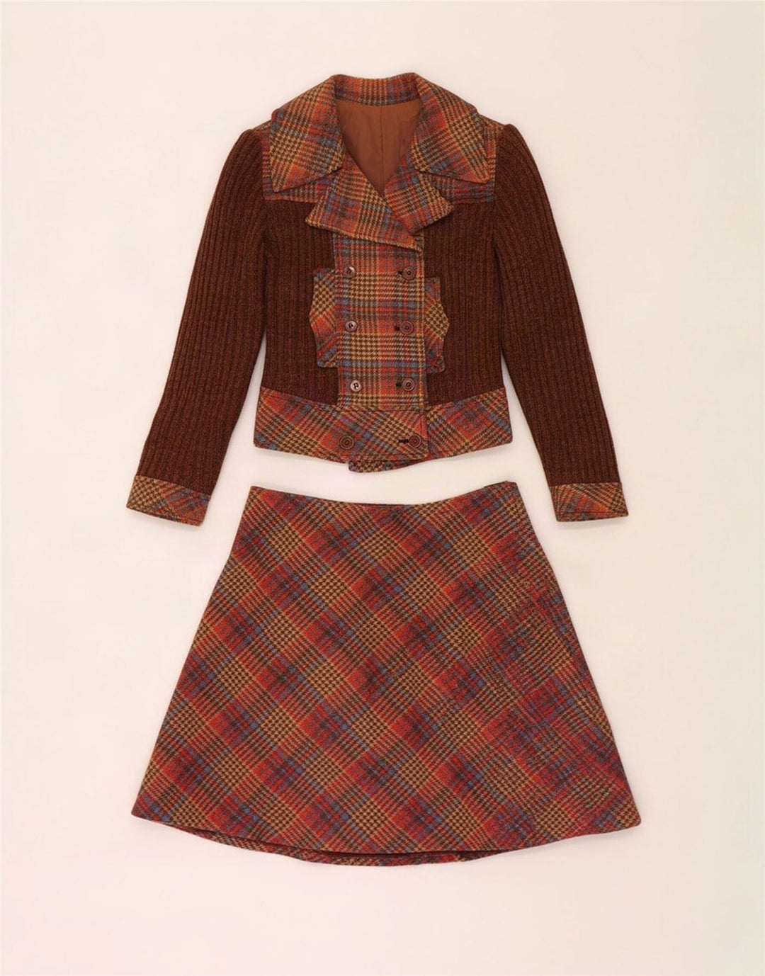 Vintage mujer 2 piezas falda conjunto IT 44 Medio W28 Marrón Houndstooth