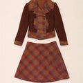 Vintage mujer 2 piezas falda conjunto IT 44 Medio W28 Marrón Houndstooth