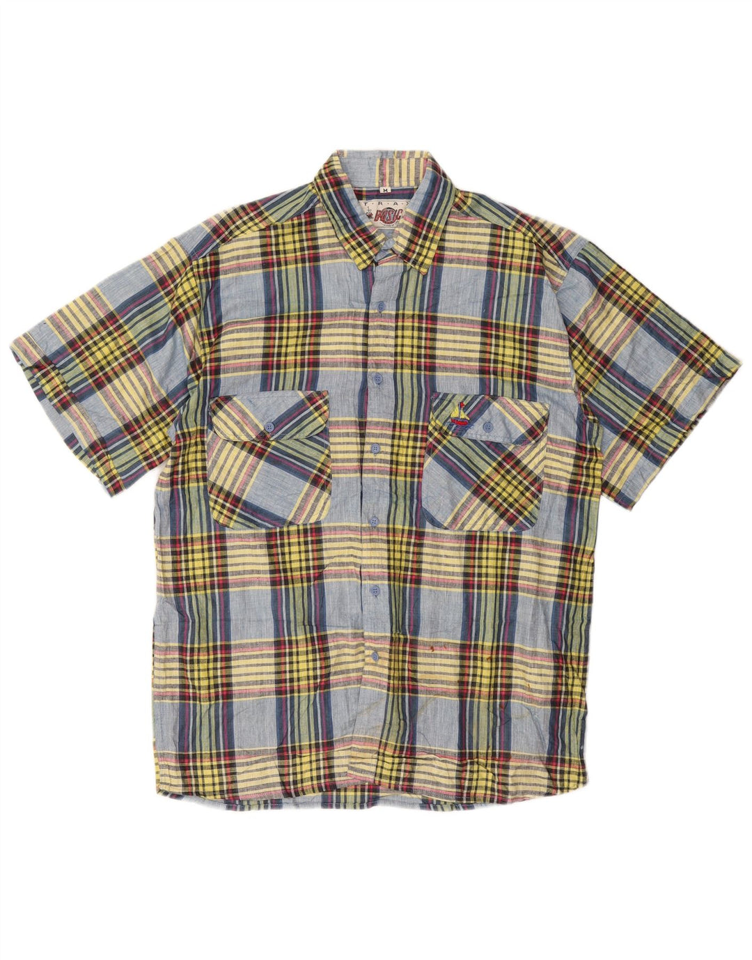 BASIC Camisa de manga corta para hombre de algodón de cuadros multicolor mediano