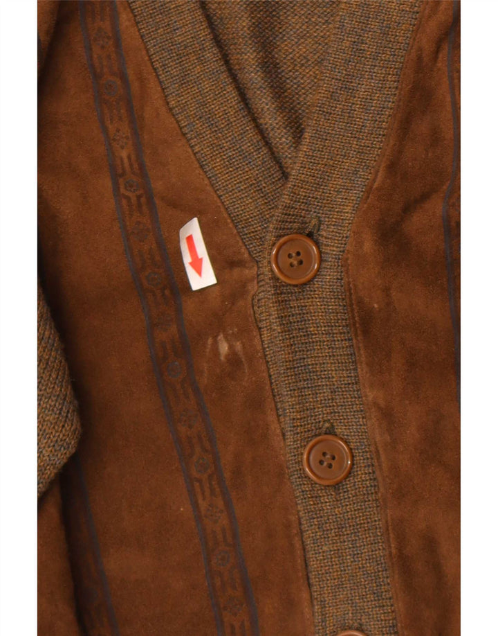 Vintage hombres ante cardigan suéter grande marrón lana geométrica