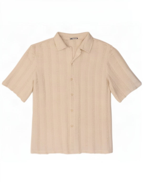 Zara Hombre Camisa De Punto De Manga Corta Grande Poliéster De Rayas Blancas