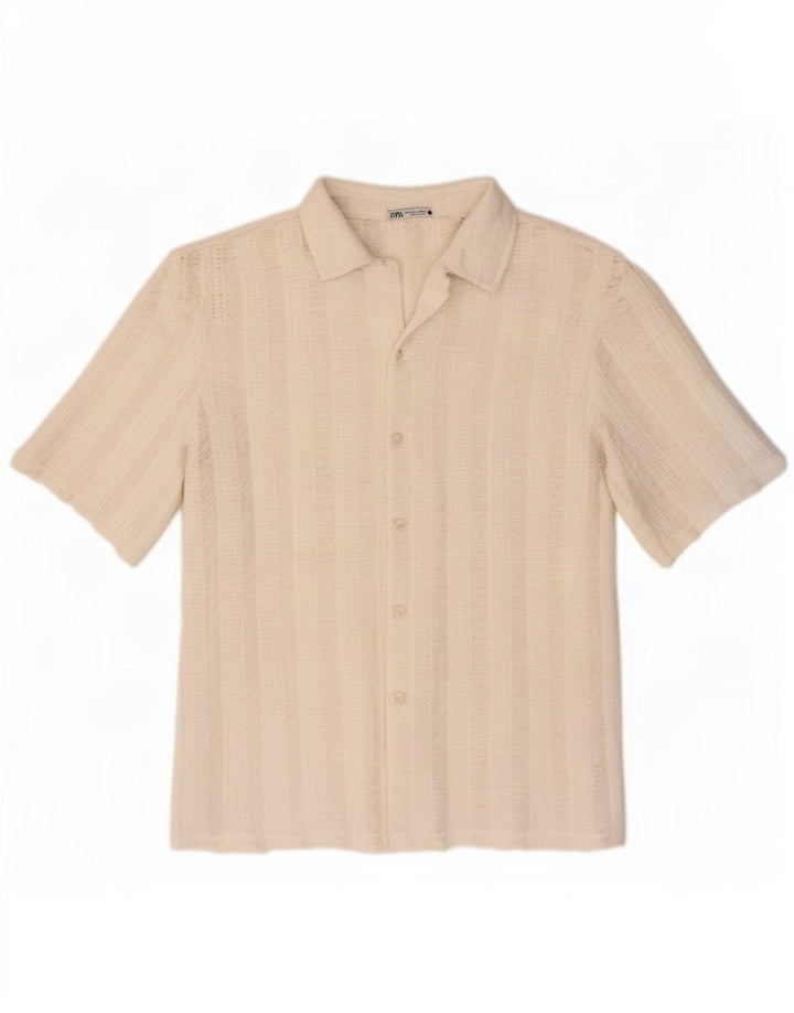 Zara Hombre Camisa De Punto De Manga Corta Grande Poliéster De Rayas Blancas