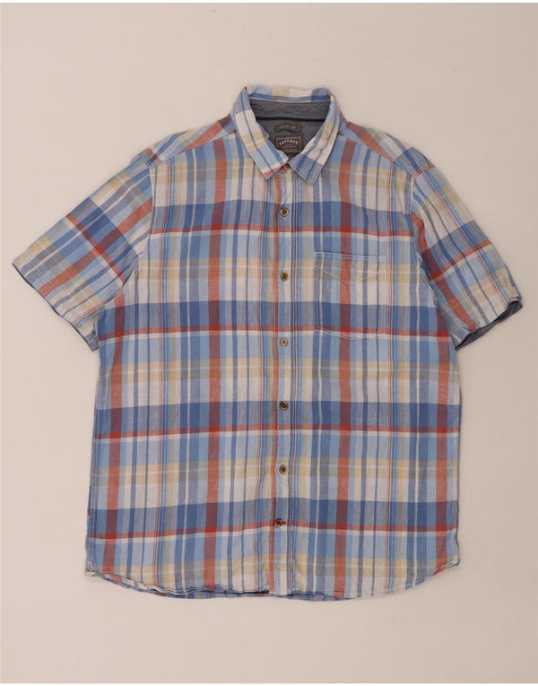FAT FACE Camisa de manga corta para hombre de corte clásico de lino a cuadros azul grande