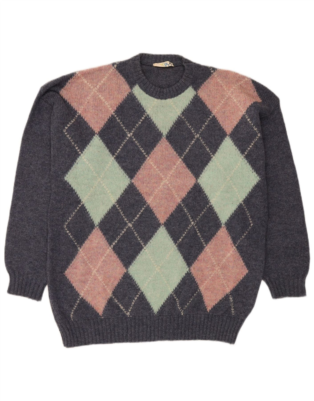 VINTAGE Hombres Crew Neck Jumper Suéter Grande Azul Argyle/Diamond