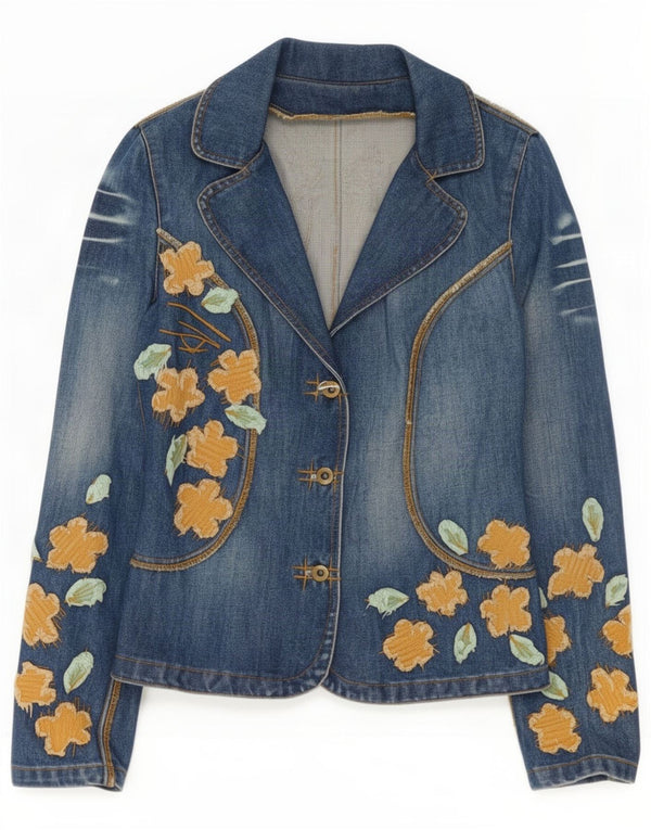 Vintage mujer chaqueta de mezclilla EU 38 algodón floral azul medio