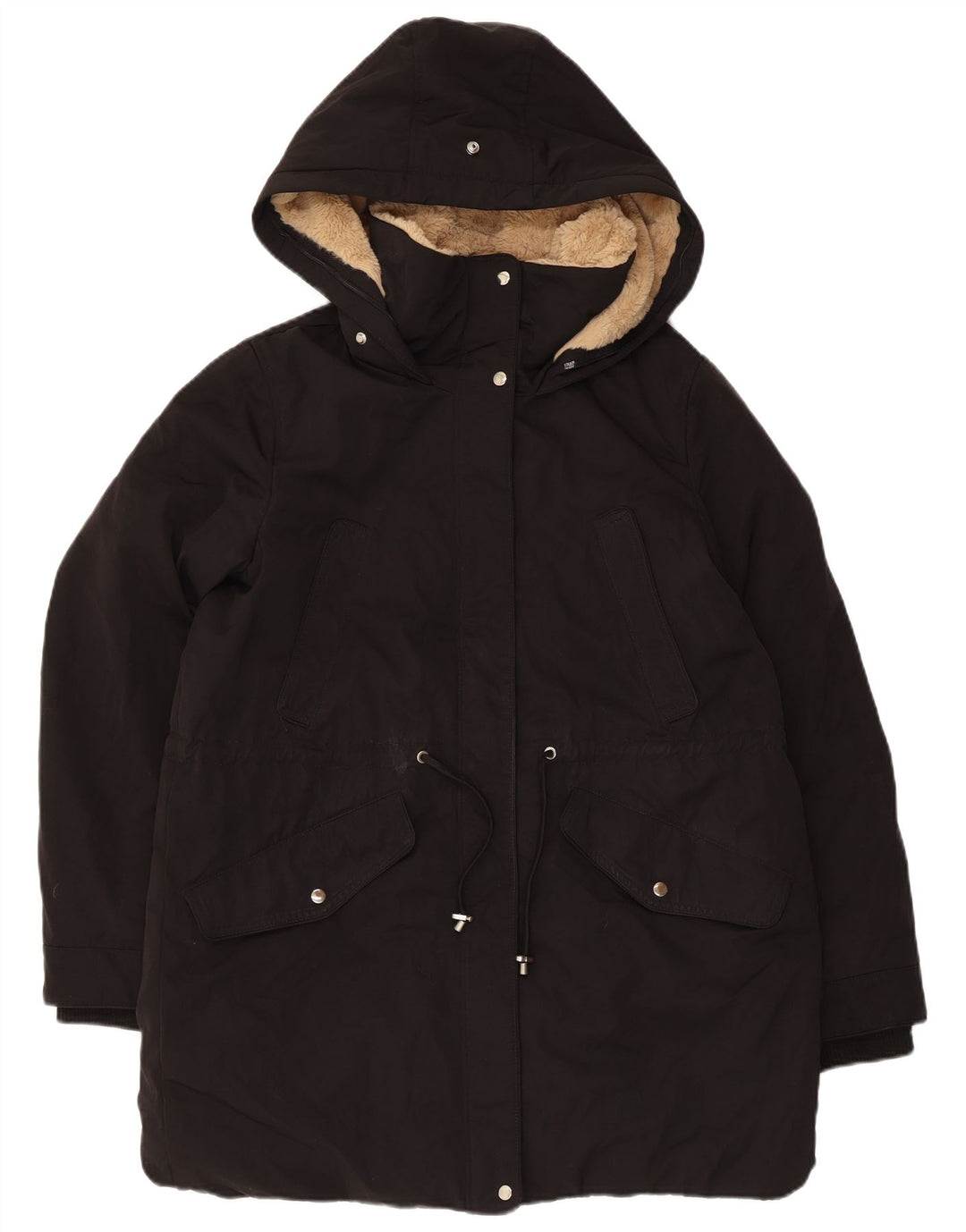 Zara Mujer Parka Con Capucha Chaqueta UK 44 Mediana Negro Poliéster