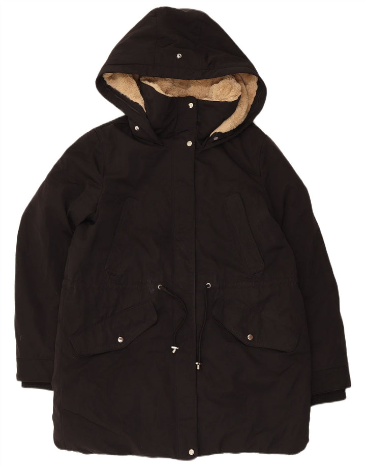 Zara Mujer Parka Con Capucha Chaqueta UK 44 Mediana Negro Poliéster