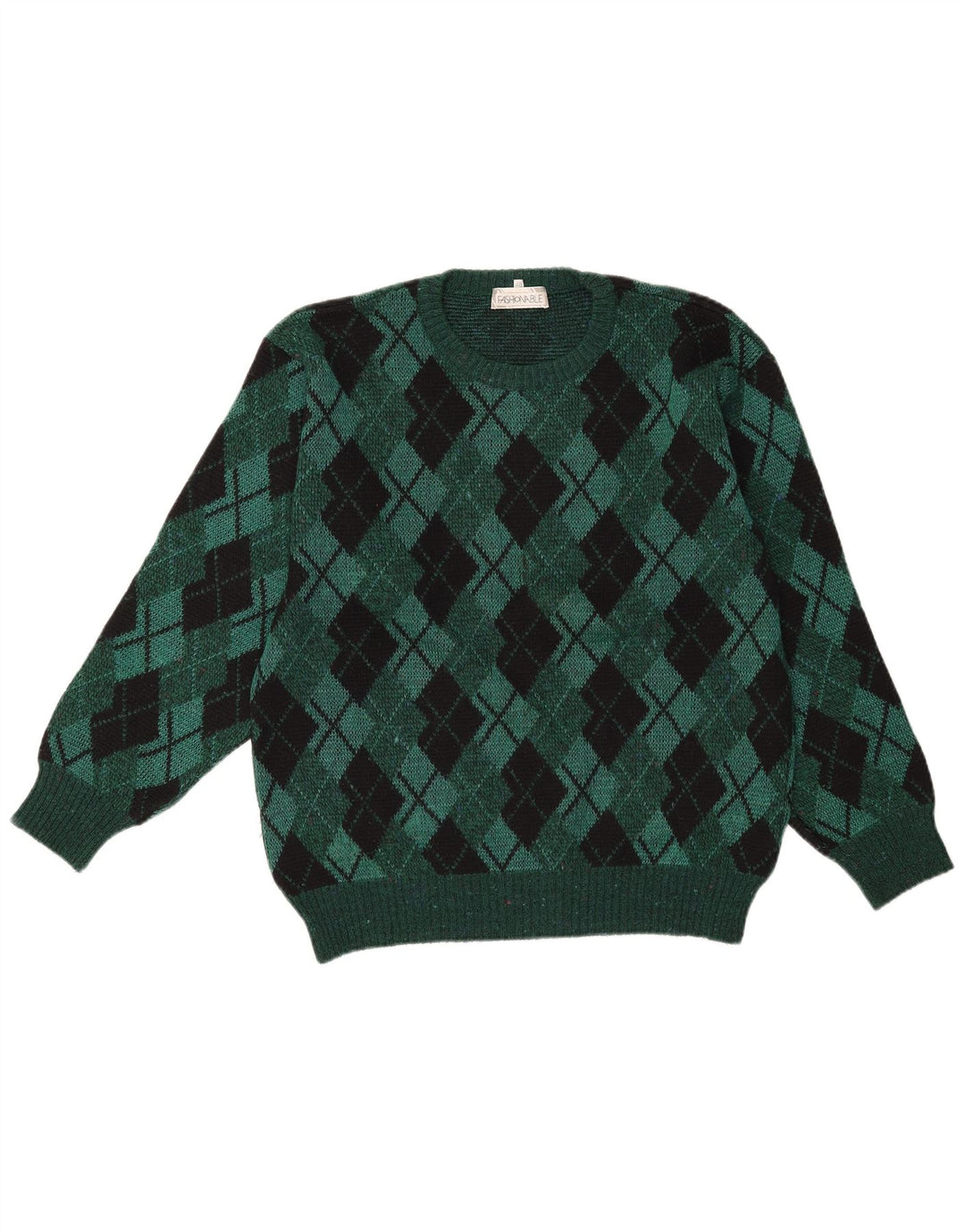 Vintage hombres cuello redondo jersey suéter IT 48 verde medio Argyle/Diamante