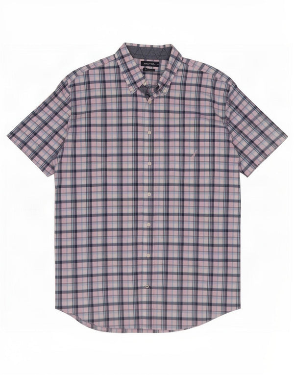 Nautica Camisa de Manga Corta para Hombre 2XL Algodón a Cuadros Rosa