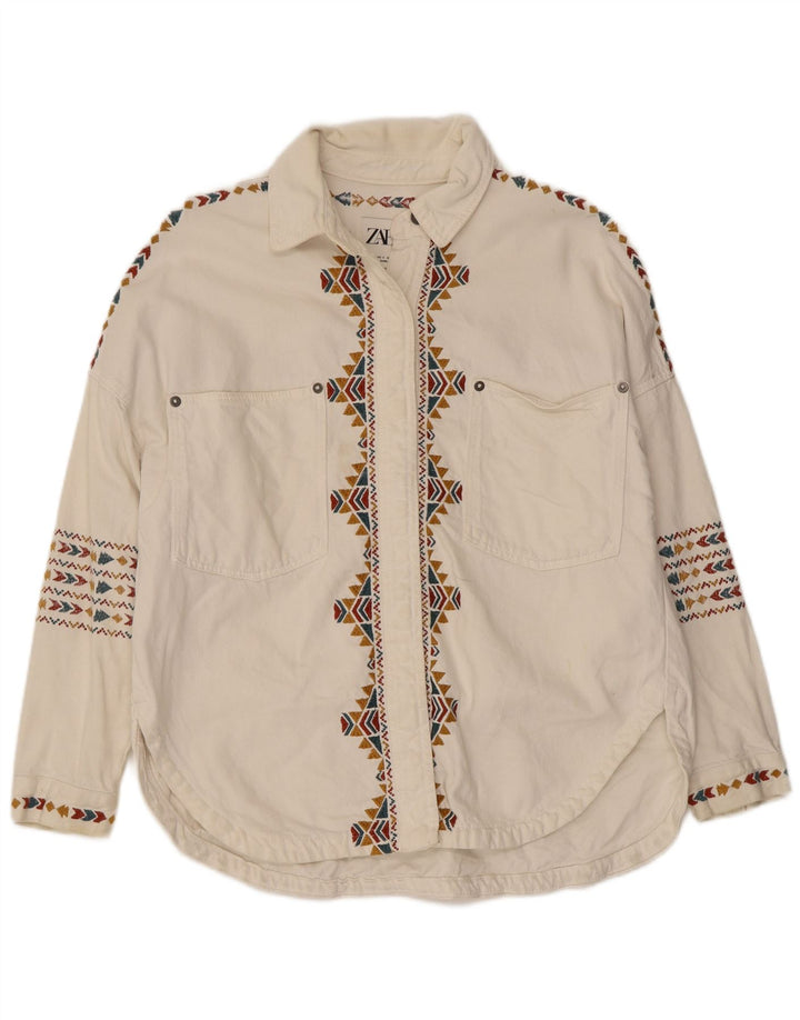 Zara Mujer Camisa Extragrande UK 10 Small Algodón Geométrico Blanco