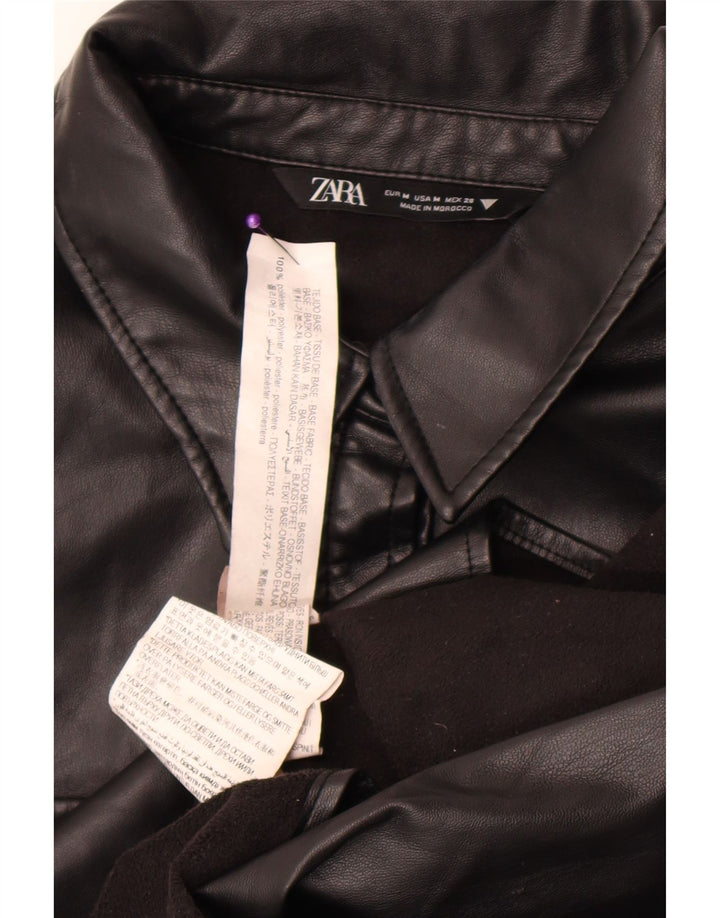 Zara Mujer Camisa De Piel Sintética UK 44 Mediano Negro Poliéster