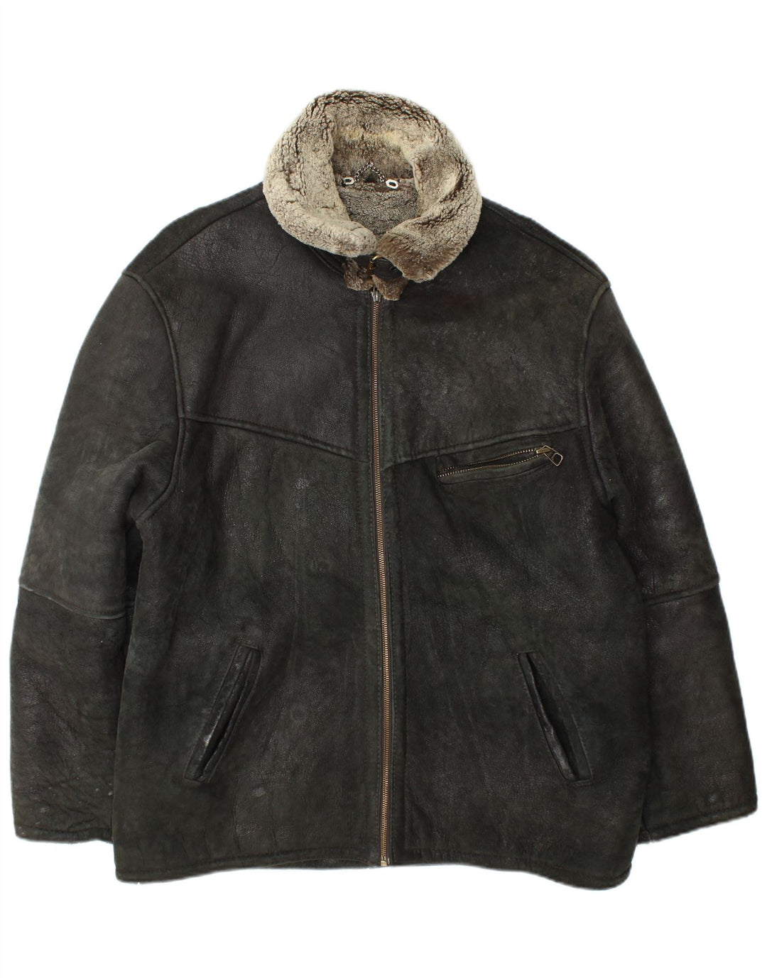 Vintage hombres shearling chaqueta Reino Unido 42 XL cuero negro