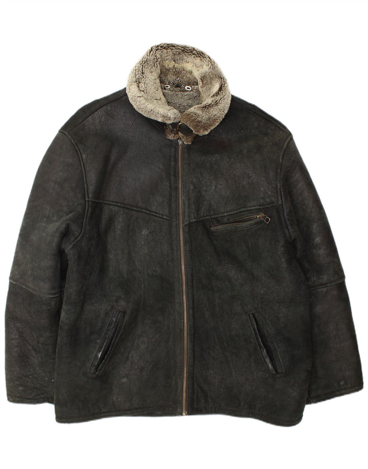 Vintage hombres shearling chaqueta Reino Unido 42 XL cuero negro
