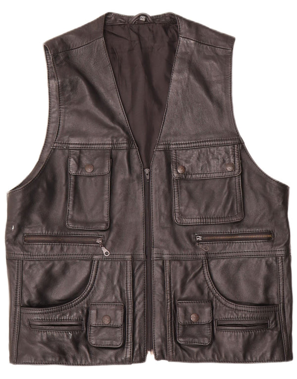 Vintage hombres cuero utilitario gilet EU 52 XL negro