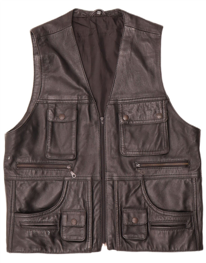 Vintage hombres cuero utilitario gilet EU 52 XL negro