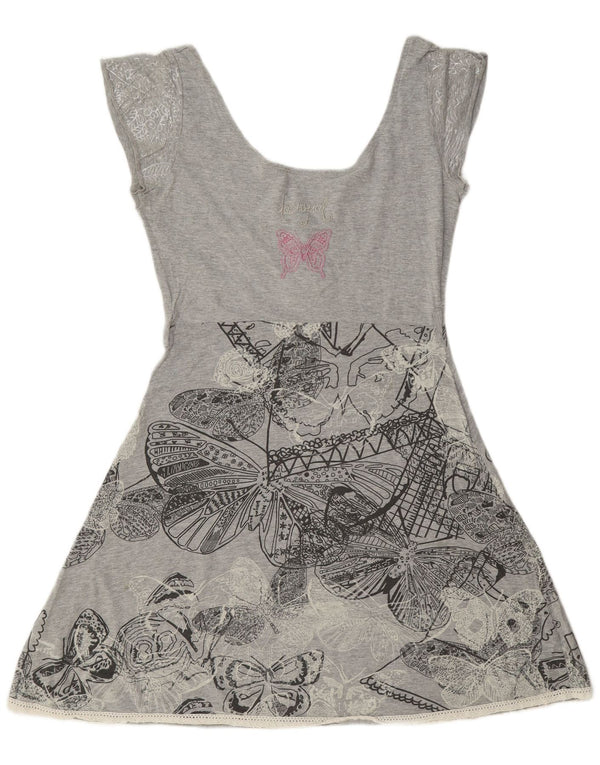 Desigual Vestido Gráfico A-Line para Mujer UK 44 Grande Gris Floral Algodón