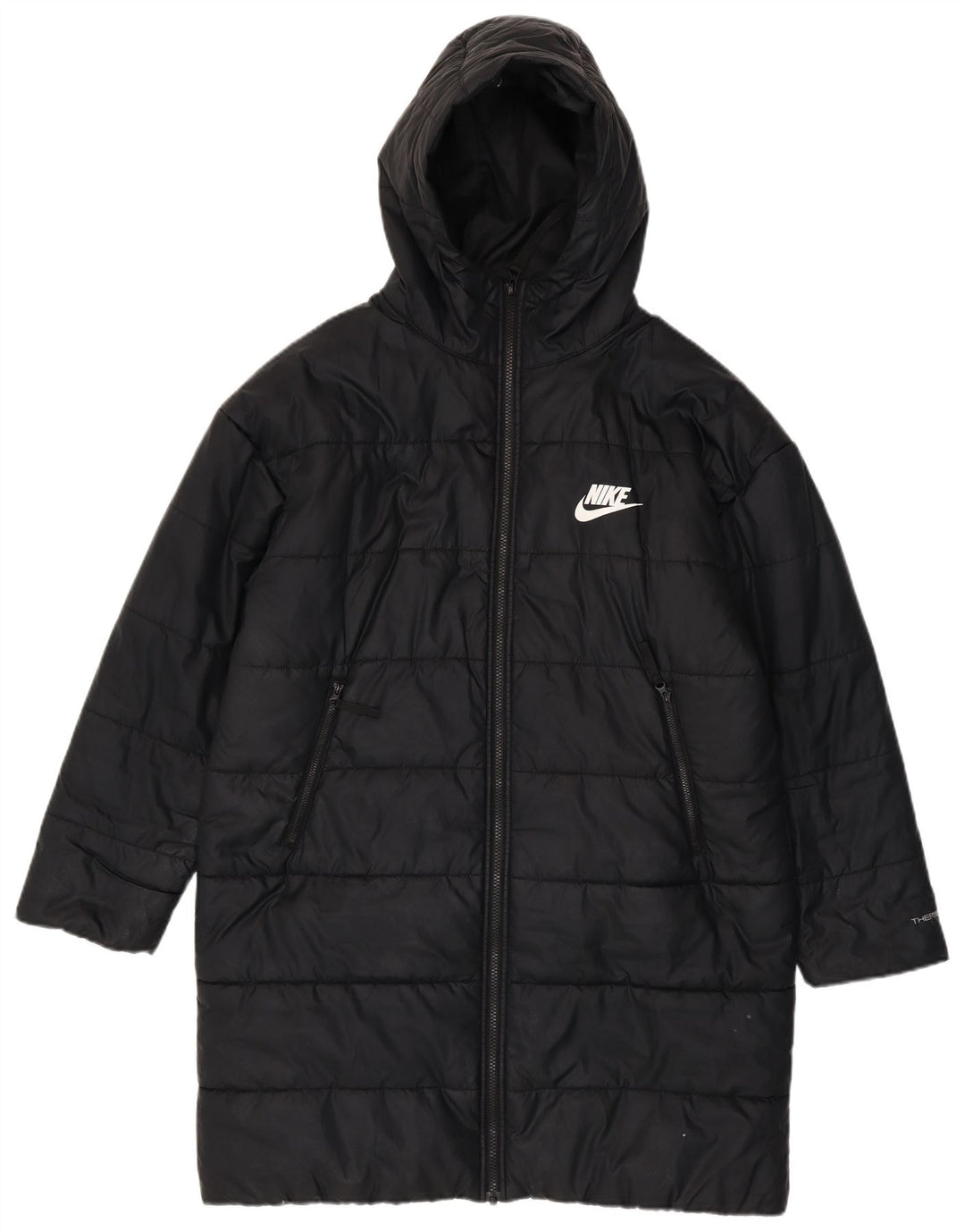 Nike Chaqueta acolchada con capucha Therma-Fit Graphic para mujer, talla 40, talla M, color negro
