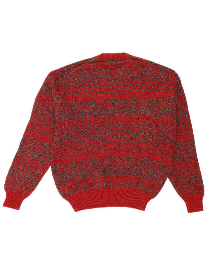 Vintage hombres cuello redondo jersey suéter medio rojo Fair Isle Retro