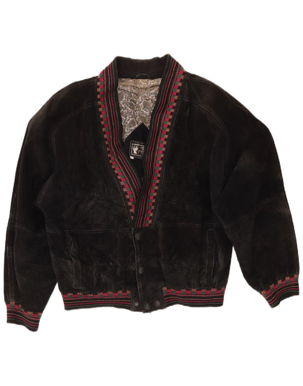 VINTAGE Chaqueta de ante de gran tamaño para mujer Reino Unido 18 XL Cuero geométrico negro