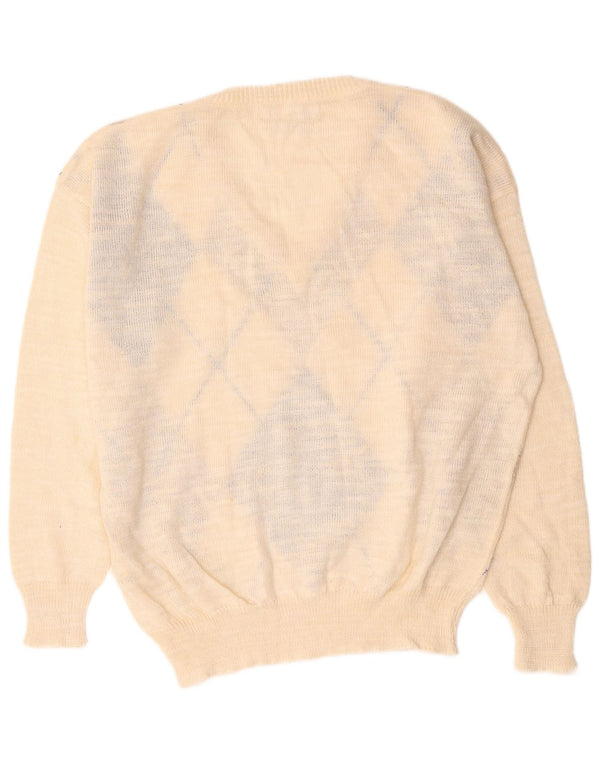 Vintage Mens V-Neck Jumper Sweater XL White Argyle/Diamond Linen