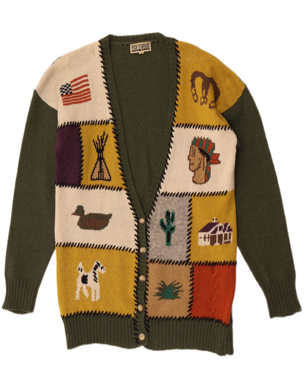 Vintage mujer gráfico cardigan suéter Reino Unido 16 gran patchwork verde lana
