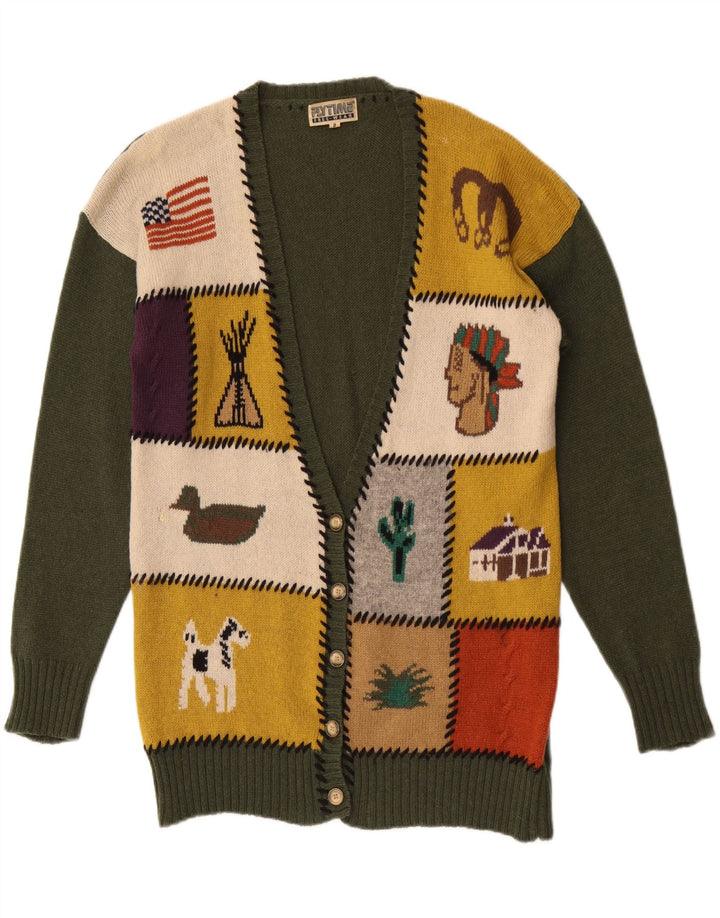 Vintage mujer gráfico cardigan suéter Reino Unido 16 gran patchwork verde lana