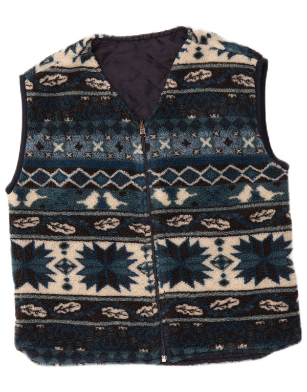 Vintage hombres polar Gilet Reino Unido 38 azul medio geométrico
