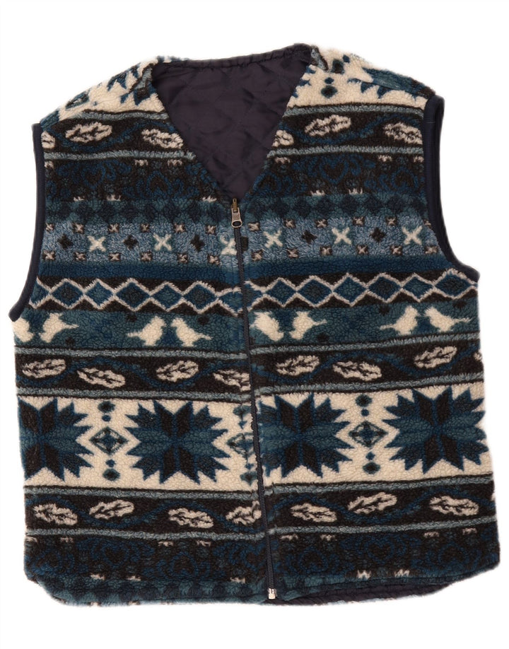 Vintage hombres polar Gilet Reino Unido 38 azul medio geométrico