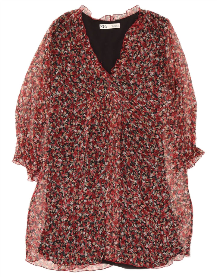 Zara Vestido recto de manga larga para mujer UK 40 Pequeño Poliéster floral rojo