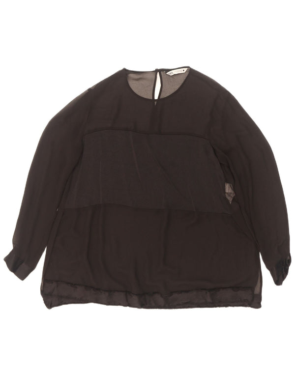 Zara Mujer Blusa Manga Larga Top UK 10 Small Poliéster Negro